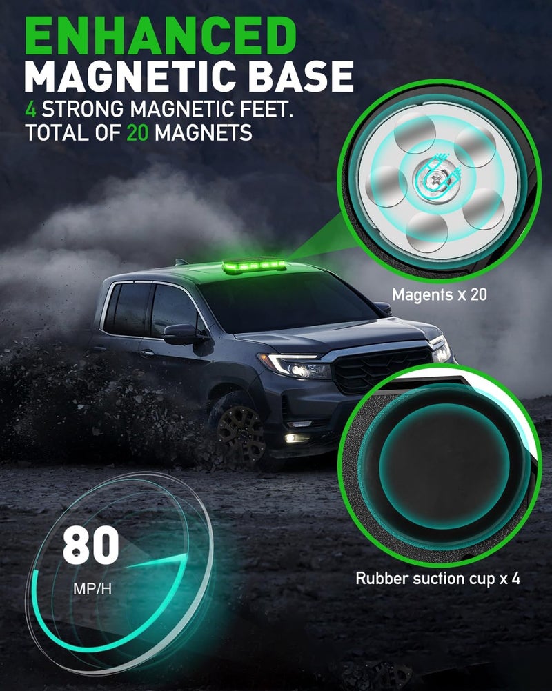 HLauto 406D Rooftop Emergency Strobe Lights Bar, 102 LED Green Mini Beacon Safety Flashing Warning Traffic Lights Bar w/Magnetic Base for 12-24V Trucks, Construction Vehicles, Snowplow, Cars - Image 4